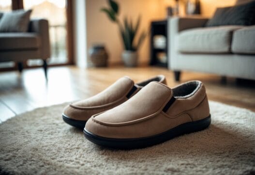 Billede af stilfulde hjemmesko til mænd i forskellige farver og materialer på hvid baggrund.